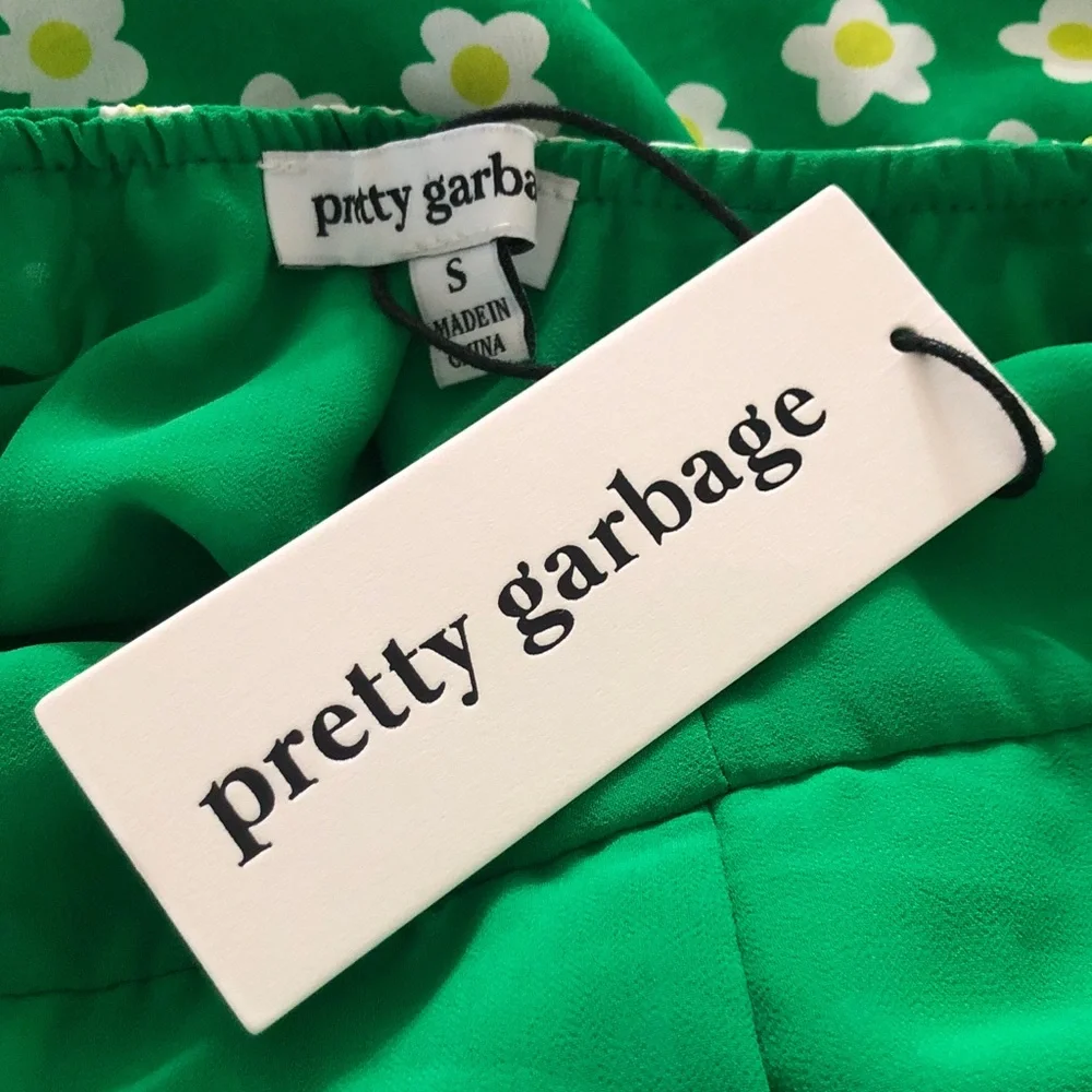 Pretty Garbage green white floral puff sleeve dress NWT S Summer Feminine